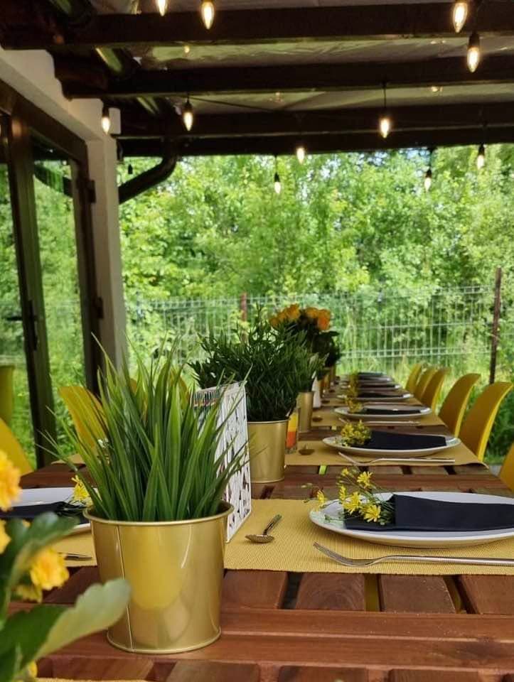 A long table laid out under the garden pergola